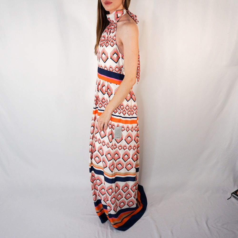 ELIZA J Mixed Geometric Orange Maxi Halter Dress - Picture 6 of 7